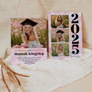 May include: Graduation party invitations featuring a young woman in a cap and gown, surrounded by pink flowers. The invitations include the graduate's name, school, date, time, and location.