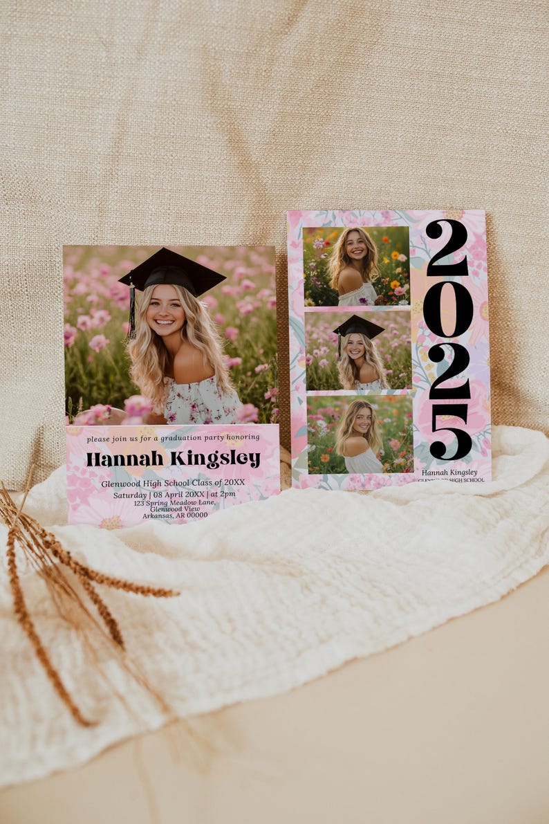 May include: Graduation party invitations featuring a young woman in a cap and gown, surrounded by pink flowers. The invitations include the graduate's name, school, date, time, and location.