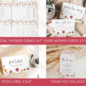 May include: A set of 16 printable bridal shower games with floral designs. The games are 5x7 inches and the answer cards are 3.5x2.5 inches. There is also a food label and a thank you tag with floral designs.