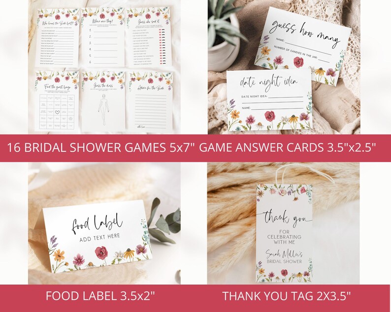 May include: A set of 16 printable bridal shower games with floral designs. The games are 5x7 inches and the answer cards are 3.5x2.5 inches. There is also a food label and a thank you tag with floral designs.