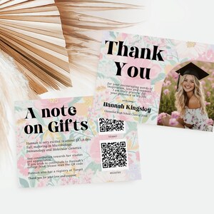 May include: Graduation thank you cards with floral designs and the words "Thank You" and "A note on Gifts". One card features a photo of a graduate in a cap and gown. The cards include QR codes.