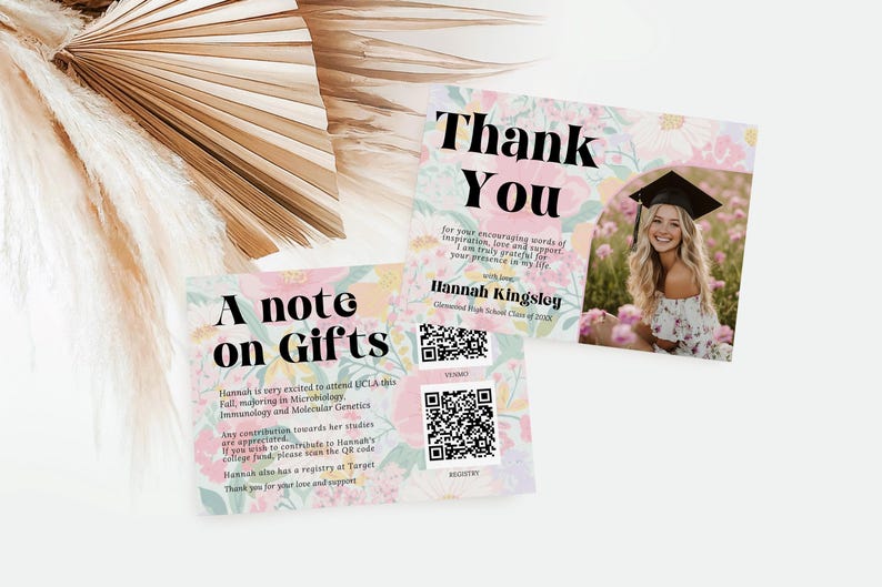 May include: Graduation thank you cards with floral designs and the words "Thank You" and "A note on Gifts". One card features a photo of a graduate in a cap and gown. The cards include QR codes.