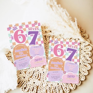 Op de afbeelding: Twee verjaardagsuitnodigingen met een retro-ontwerp. De uitnodigingen tonen de nummers "6" en "7" in roze en paars, met de tekst "Amelia's 7e verjaardag". De uitnodigingen bevatten feestdetails.