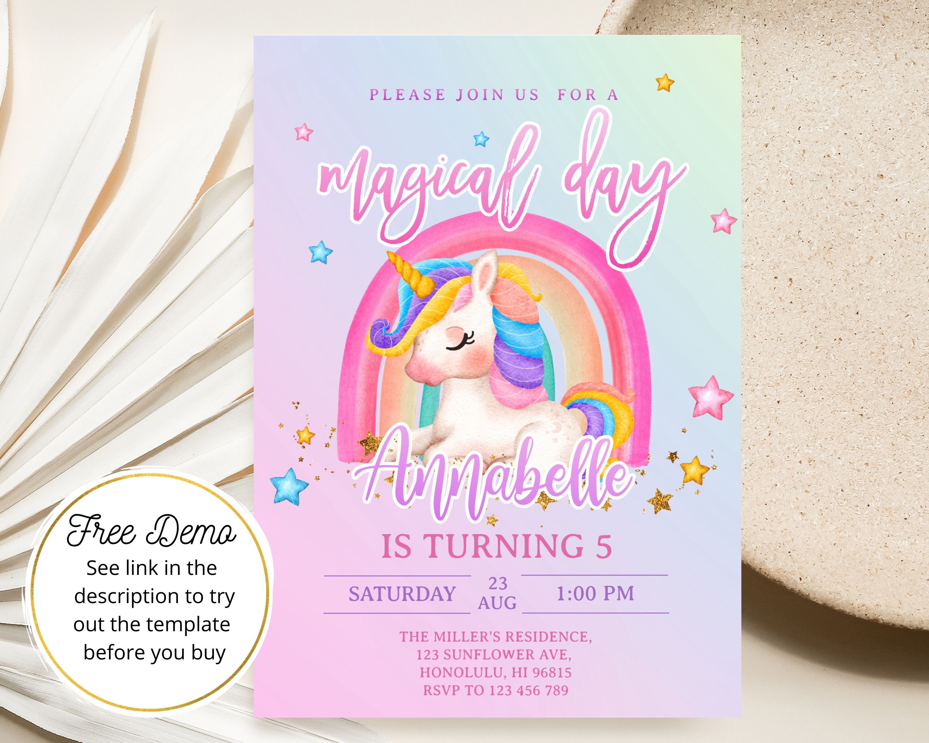 Invo di compleanno per 10 anni Buon decimo compleanno Biglietto d'auguri magico per bambini con unicorno e cavallo | Vettore Premium