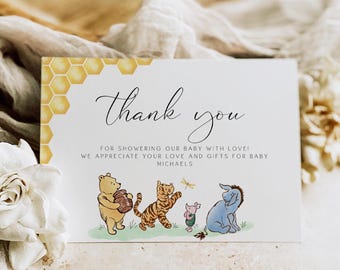 Tackkort för babyshower med liten honung, tackkort för Nalle Puh, babyshower med liten honung Puh, neutral babyshower