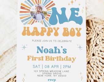 One Happy Boy 1st Birthday Invitation, One Happy Boy Birthday Invite, Happy Boy Birthday Invitation, Sun  1st Birthday Invite, Canva