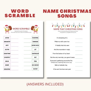 Op de afbeelding: Een printbaar kerstspel met twee secties. De eerste sectie is een woordzoeker met een afbeelding van de kerstman. De tweede sectie is een kerstlied-raadspel met een afbeelding van een kerstlichtjesketting. De tekst op de pagina luidt "Word Scramble" en "Name Christmas Songs".