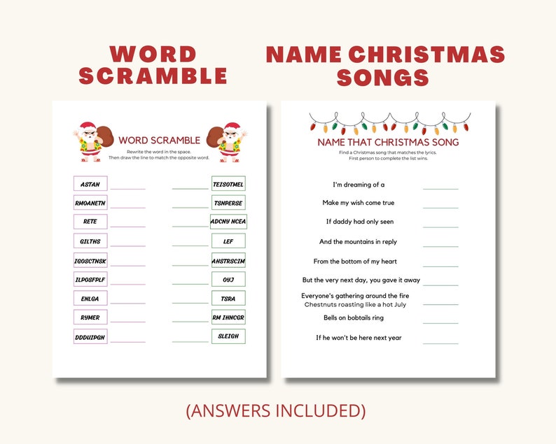 Op de afbeelding: Een printbaar kerstspel met twee secties. De eerste sectie is een woordzoeker met een afbeelding van de kerstman. De tweede sectie is een kerstlied-raadspel met een afbeelding van een kerstlichtjesketting. De tekst op de pagina luidt "Word Scramble" en "Name Christmas Songs".