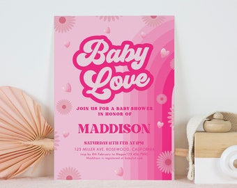 Editable Valentine Baby Shower Invitation, Baby Love Baby Shower Invite, Retro Groovy Valentine Baby, Valentine Baby Shower Invite, Pink