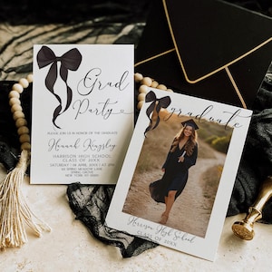 Black Bow Graduation Party Invitation, Graduation Invitation, Graduation Announcement, Graduation invitation, With Photo, Canva Template
