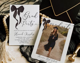 May include: A white graduation party invitation with black ribbon accents. The invitation includes the text "Grad Party" and "Please join us in honour of the graduate Hannah Kingsley Harrison High School Class of 20XX Saturday 08 April 20XX at 2PM 123 Spring Meadow Lane Spring Grove New York NY 00000".