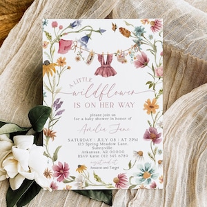 A Little Wildflower Baby Shower Invitation, Dress Wildflower Baby Shower Invite, Baby in Bloom, 5x7", Canva Template