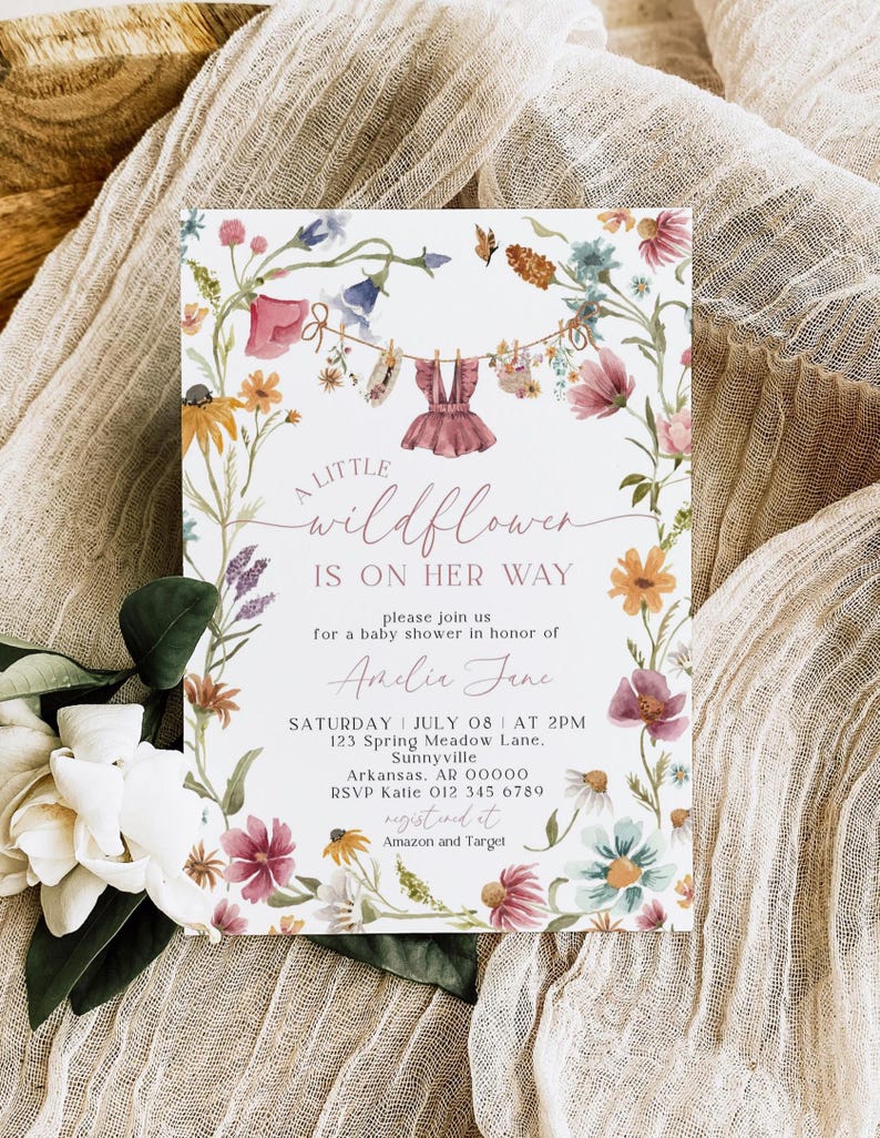 A Little Wildflower Baby Shower Invitation, Dress Wildflower Baby Shower Invite, Baby in Bloom, 5x7", Canva Template image 1