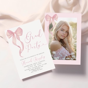Pink Bow Graduation Party Invitation, Graduation Invitation Template, Graduation Announcement, Graduation invitation, Photo, Canva Template