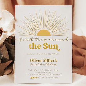 Convite editável para a primeira viagem ao redor do sol, convite de aniversário do sol, convite de aniversário do sol, convite de primeiro aniversário do sol, aniversário do sol