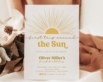 Editable First Trip Around The Sun Invitation, Sun Birthday Invite, Sun Birthday Invitation, Sunshine 1st Birthday Invite, Sunshine Birthday