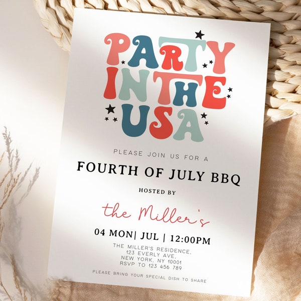 4th Of July BBQ Invitation, 4th of July Invite,4th of July Invitation, Party In the USA Invitation Template, 4th of July Invite