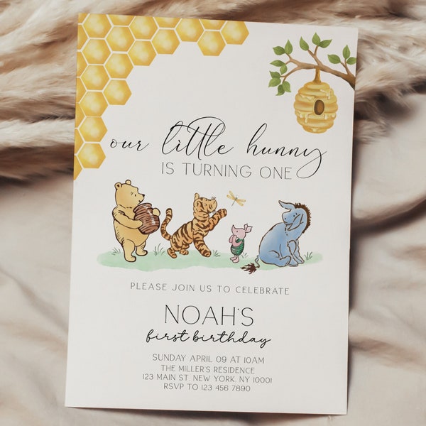 Classic Winnie the Pooh Birthday Invitation, Winnie the Pooh Birthday Invite, Little Hunny 1st Birthday Invitation, Gender Neutral