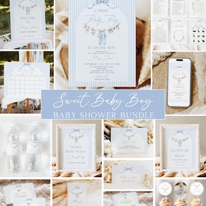Kit per baby shower a tema "Dolce maschietto", Un dolce maschietto in arrivo, Strisce, Decorazioni, Cartello di benvenuto, Giochi, Modelli Canva immagine 1