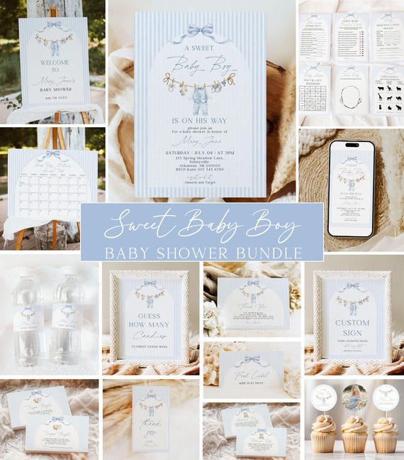 Sweet Baby Boy Baby Shower Bundle, A Sweet Baby Boy Is On The Way, Stripe, Decorations, Welcome Sign, Games, Canva Templates