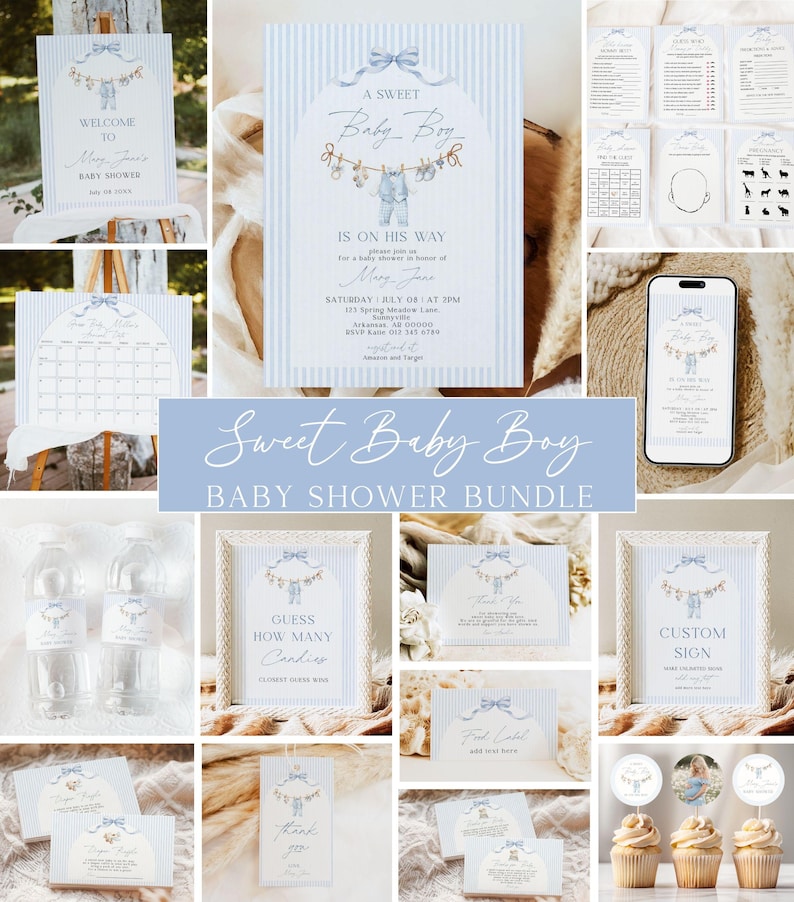 Kit per baby shower a tema "Dolce maschietto", Un dolce maschietto in arrivo, Strisce, Decorazioni, Cartello di benvenuto, Giochi, Modelli Canva immagine 1