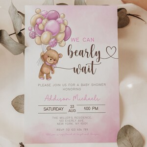 Bearly Wait Baby Shower Invite Template, Bearly Wait Baby Girl Shower Invitation, Pink Bear Baby Shower Invitation, Template, Editable