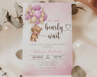 Modèle d'invitation de douche de bébé Bearly Wait, Bearly Wait Baby Girl Shower Invitation, Invitation de douche de bébé ours rose, modèle, modifiable