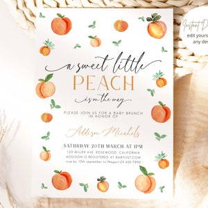 Sweet Little Peach Baby Shower Invitation, Little Peach Baby Shower Invitation, Peach Baby Shower Invite, Baby Brunch, Editable, J101 image 2