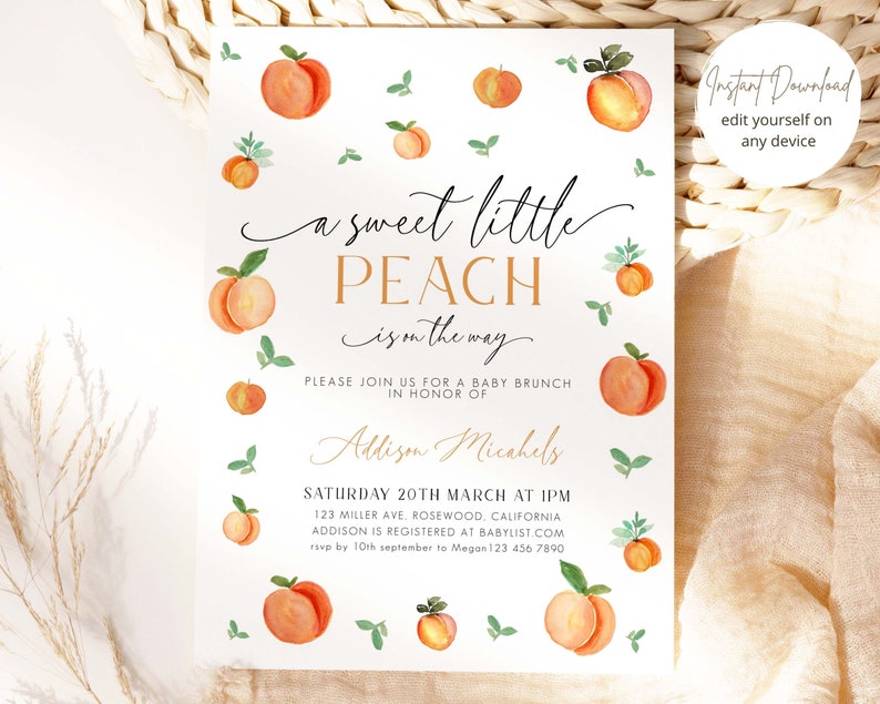 Sweet Little Peach Baby Shower Invitation, Little Peach Baby Shower Invitation, Peach Baby Shower Invite, Baby Brunch, Editable, J101 image 2