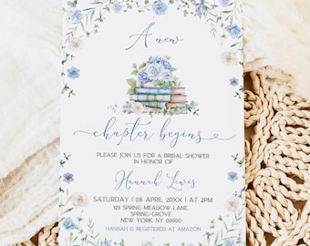 May include: A bridal shower invitation with a floral design. The invitation features the text "A new chapter begins" and details for the event, including the name "Hannah Lewis" and the date and time. The design includes blue and white flowers.
