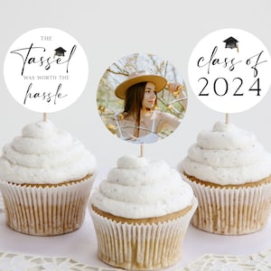 Graduation Cupcake Topper, Grad Party Cupcake Topper, Photo Cupcake Topper, Tassel Grad Topper, Editable Template
