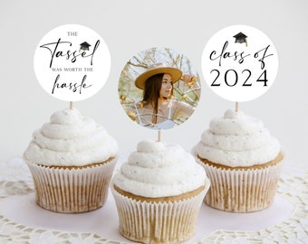 Graduation Cupcake Topper, Grad Party Cupcake Topper, Photo Cupcake Topper, Tassel Grad Topper, Editable Template