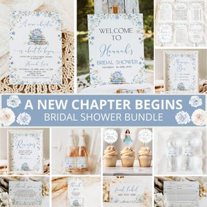 May include: A selection of bridal shower stationery and decorations. The image shows invitations, welcome signs, recipe cards, and cupcake toppers. The designs feature blue floral accents and the text "A New Chapter Begins Bridal Shower Bundle."
