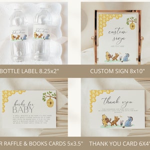 May include: Winnie the Pooh baby shower printable set with a custom sign, thank you card, diaper raffle card, and water bottle labels. The design features a honeycomb pattern, Winnie the Pooh, Tigger, Piglet, and Eeyore.