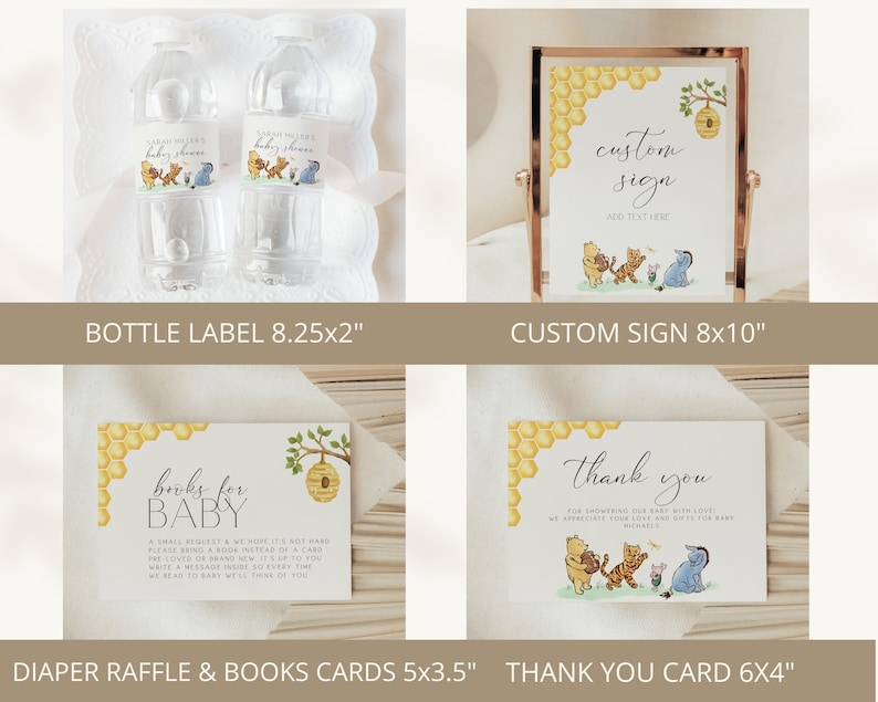 May include: Winnie the Pooh baby shower printable set with a custom sign, thank you card, diaper raffle card, and water bottle labels. The design features a honeycomb pattern, Winnie the Pooh, Tigger, Piglet, and Eeyore.