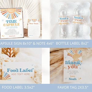 May include: A collection of party supplies with a retro theme. Includes a sign that reads "Time Capsule", bottle labels, a food label, and favor tags. The designs feature a sunburst motif in shades of blue, orange, and yellow.