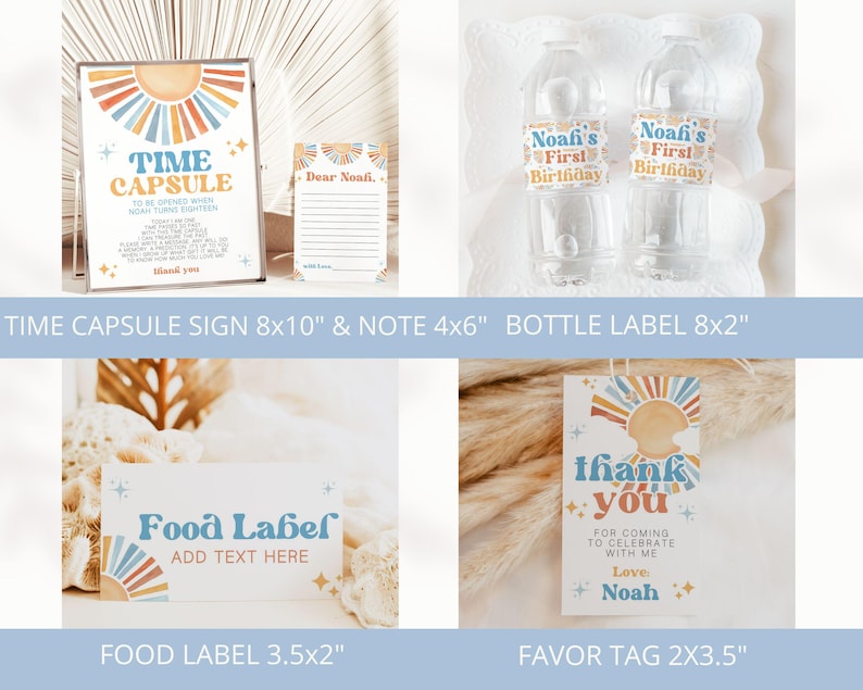 May include: A collection of party supplies with a retro theme. Includes a sign that reads "Time Capsule", bottle labels, a food label, and favor tags. The designs feature a sunburst motif in shades of blue, orange, and yellow.