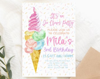 Invitación de helado, invitación a fiesta de helado, invitación a fiesta de helado, invitación de cumpleaños de helado, plantilla editable, descarga instantánea