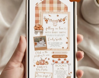 May include: A smartphone screen displaying a digital baby shower invitation template with a fall theme. The design features orange plaid patterns, pumpkins, autumn leaves, and baby clothes. Text includes Falling in love with Baby Smith, RSVP, and registry details.