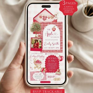 May include: A smartphone screen displaying a three-page digital baby shower invitation template with a red and white gingham theme. The design features apple illustrations, a photo placeholder, registry links, a book request, and RSVP details.