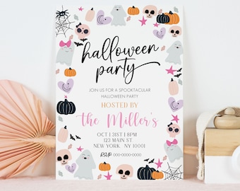 Halloween Party Invitation, Halloween Party Invite, Pastel Halloween Invitation, Pink Halloween Invitation Girl, Editable Invitation