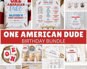 Puede incluir: Un paquete de fiesta imprimible para un primer cumpleaños con un tema de bandera estadounidense rojo, blanco y azul. El paquete incluye un letrero de bienvenida, una cápsula del tiempo, adornos para cupcakes, una etiqueta de comida, una tarjeta de agradecimiento, un letrero personalizado y una pancarta que dice "Feliz cumpleaños".