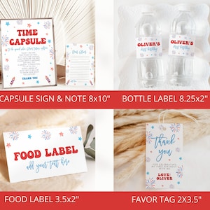 May include: Printable party decorations for a first birthday party with a red, white, and blue patriotic theme. The set includes a time capsule sign, a note, a bottle label, a food label, and a favor tag. The designs feature fireworks, stars, and the words "Time Capsule", "Oliver's First Birthday", "Food Label", and "Thank You".