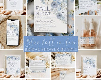 Blue Fall in Love Bridal Shower Bundle, Fall Bridal Shower, Something Blue, Bridal Shower Decorations, Canva Template