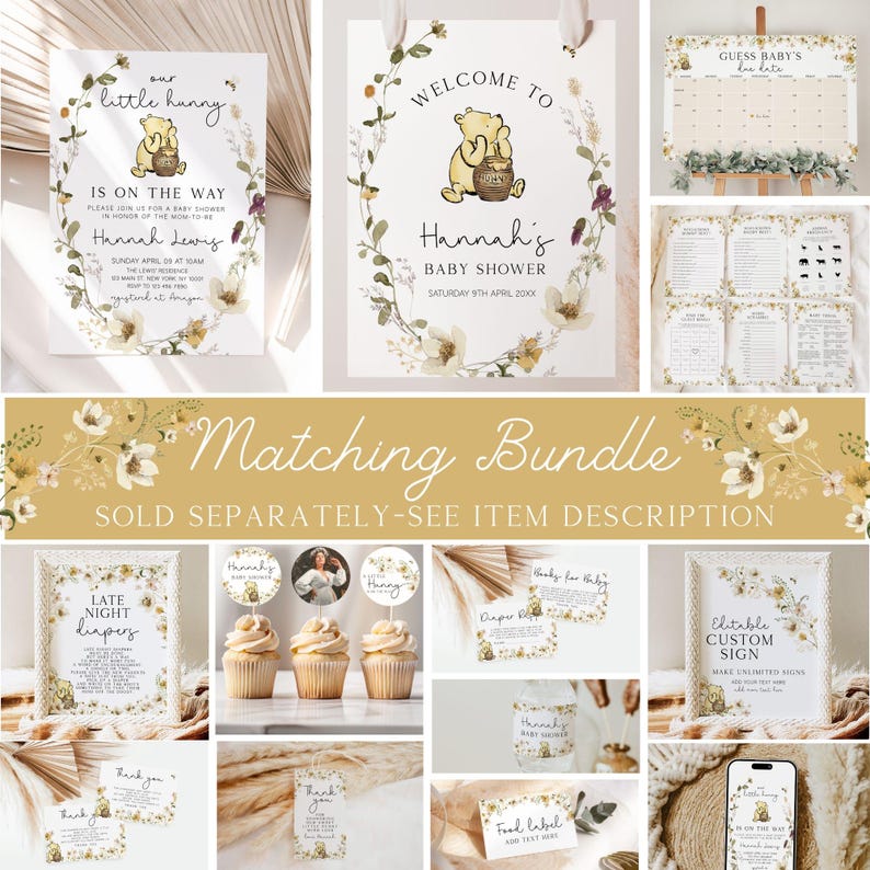 Classic Winnie the Pooh Baby Shower Invitation, Classic Winnie the Pooh Baby Shower Invite, Baby Shower Invitation Neutral, Editable image 2