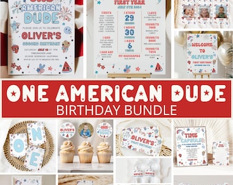One American Dude 1st Birthday Bundle, One American Dude Birthday Invite, Little Firecracker Birthday Invitation, 4th of July Birthday, Boy