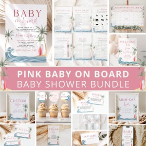 May include: Pink and blue baby shower printable bundle with a beach theme. The bundle includes a welcome sign, a game card, a food label, a thank you card, a custom sign, a mom-osa bar sign, and cupcake toppers.