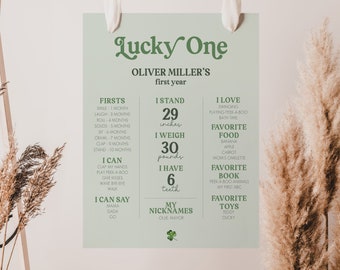 St Patrick's Milestone Board Poster, Lucky One Milestone Poster, Birthday Decor, Shamrock Sign, Instant Download, Editable Template