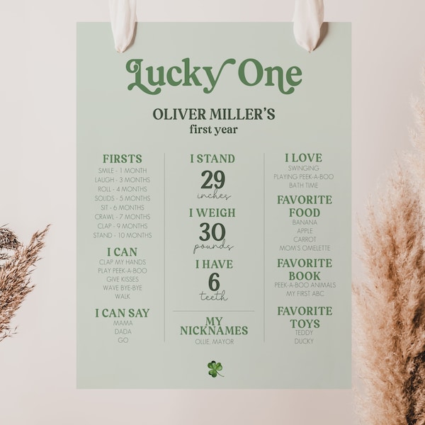 St Patrick's Milestone Board Poster, Lucky One Meilenstein Poster, Geburtstag Dekor, Kleeblatt Zeichen, sofortiger Download, bearbeitbare Vorlage