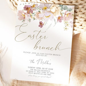 Invito al brunch di Pasqua, Invito al brunch di Pasqua, Invito di Pasqua, Invito floreale alla caccia alle uova di Pasqua, Fiori primaverili, Modello modificabile